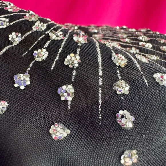 Vintage Silver Glitter Fireworks Black Sheer Short Sleeve Party Top Glances - Picture 14 of 17